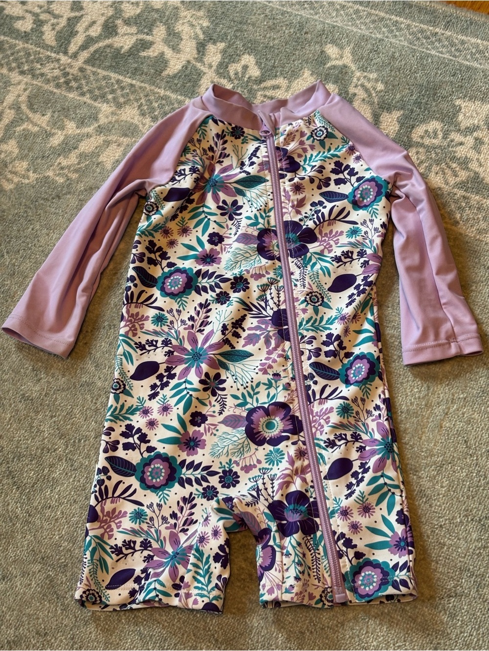 Girls' Lavender Floral Zip-Front Rash Guard Swimsuit